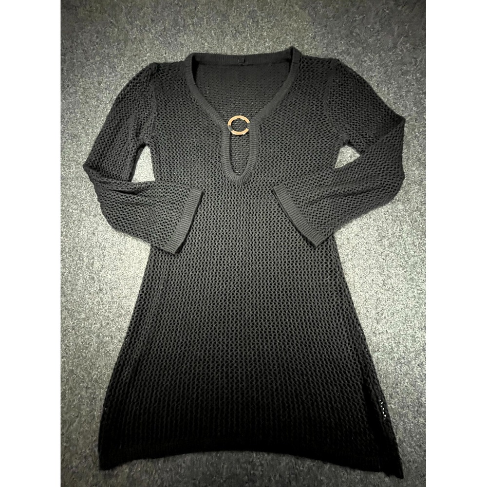 Women Sweater Dress M Black Acrylic Open Knit Crochet Gold Ring V Neck Beachwear